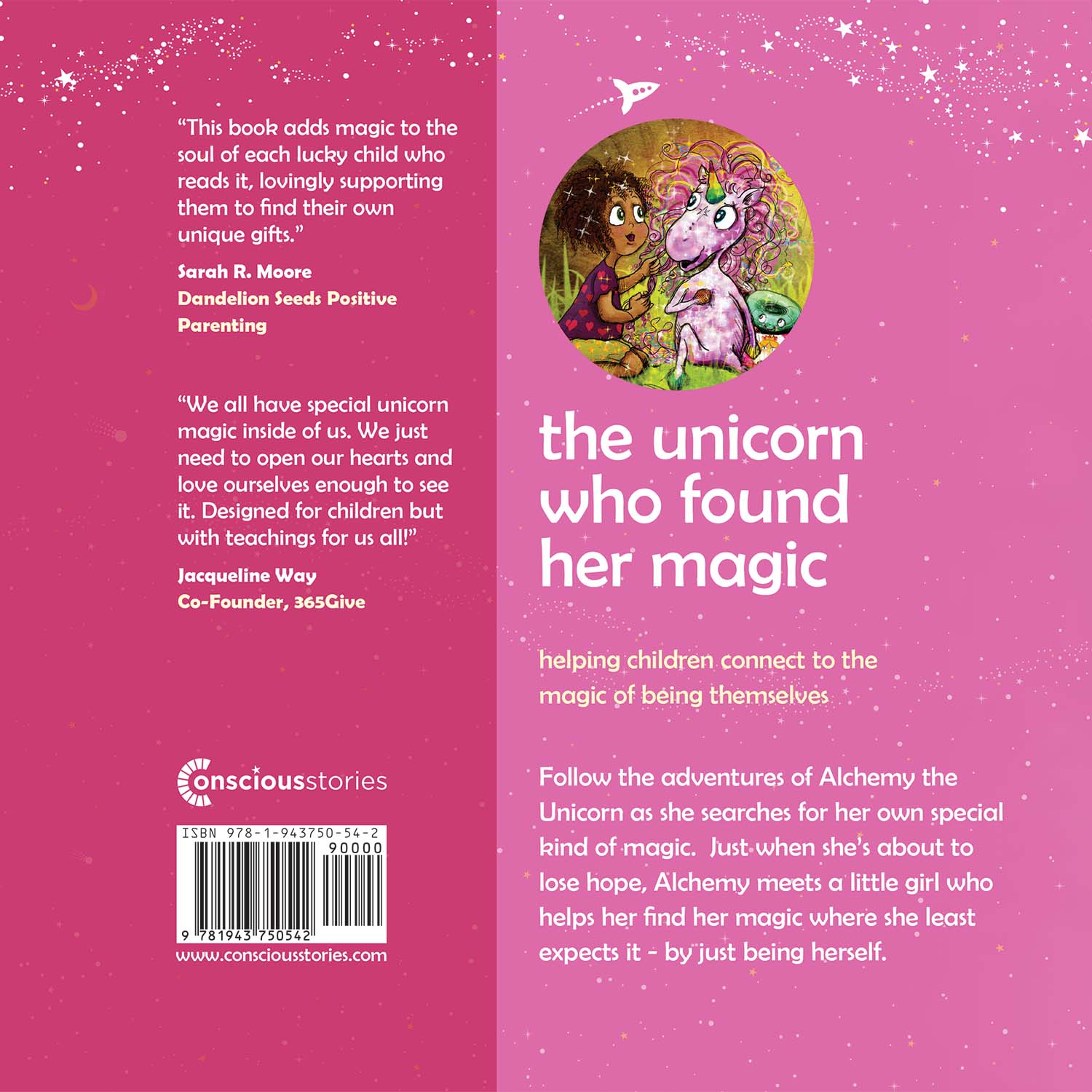 Back cover of The Unicorn Who Found Her Magic – children's self-acceptance book by author Andrew Newman of Conscious Stories