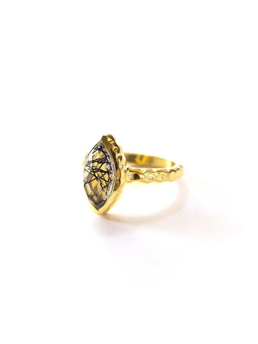 Close-up of Fair Anita Almond black rutile quartz ring showing stone detail