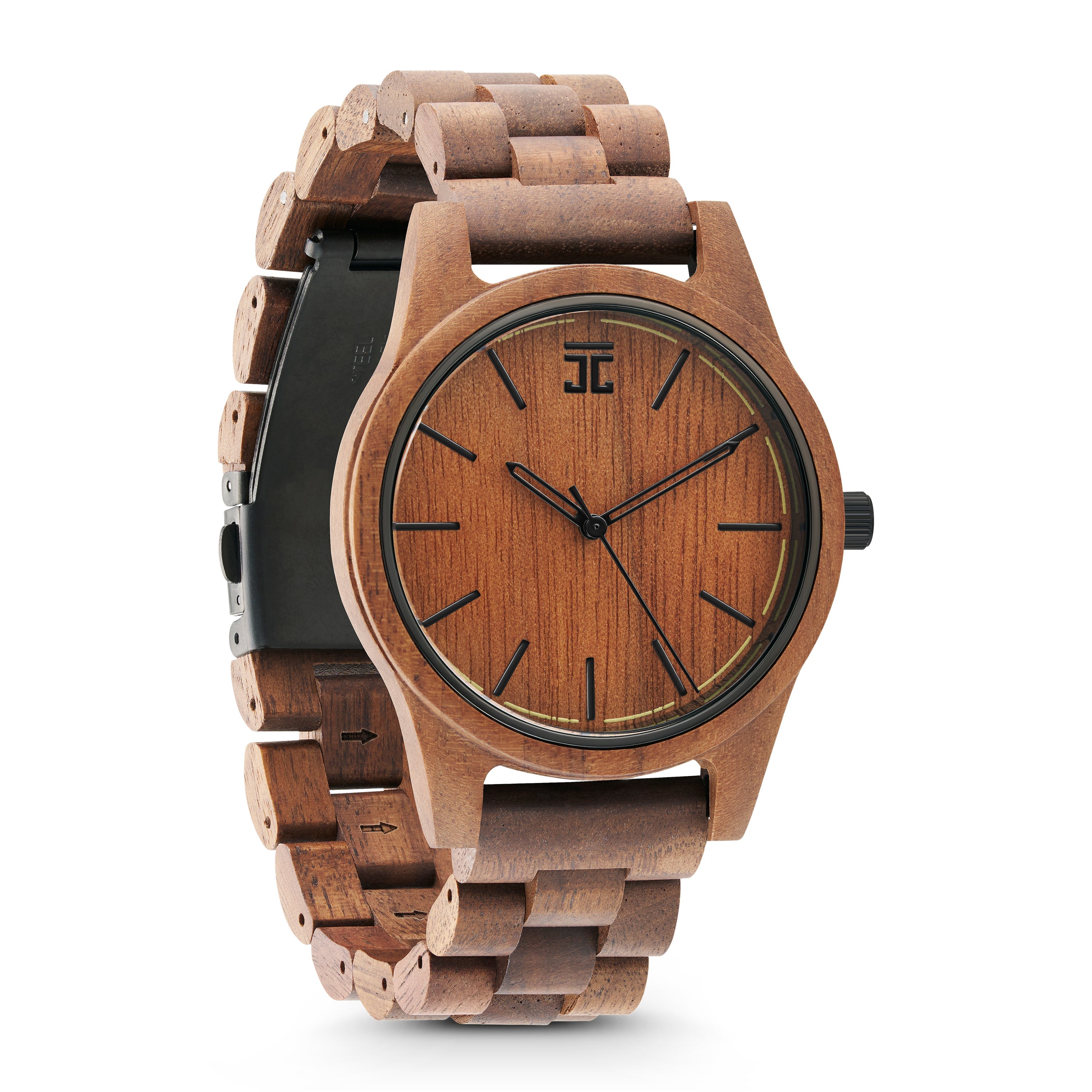 Wooden watch with a black face on a white background