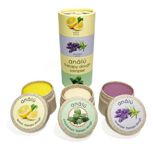 Analu Therapy Dough Sampler canister with three jars of essential oil stress relief dough by Elseware Unplug
