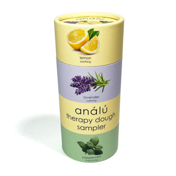 Three jars of Analu Therapy Dough in lemon, lavender and peppermint scents in wheat straw bioplastic packaging