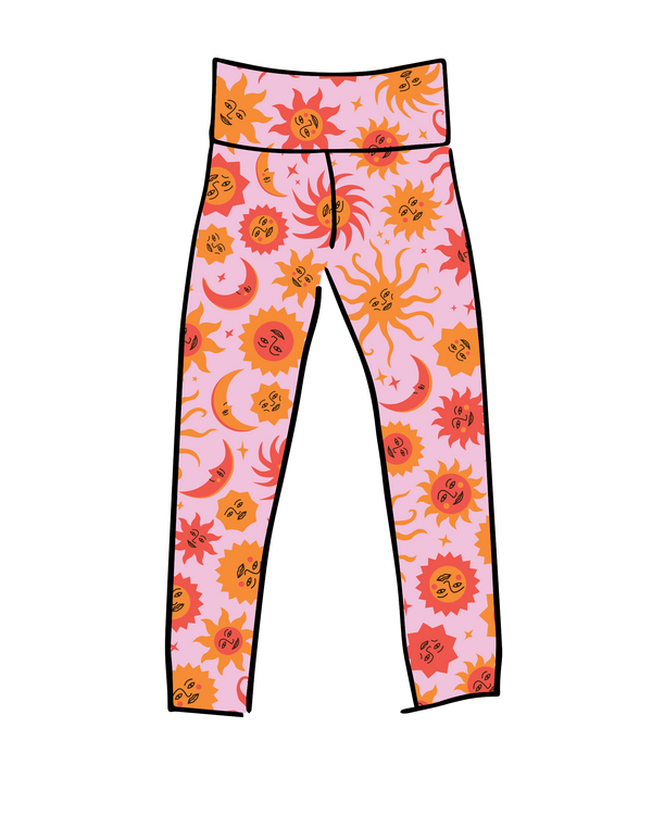 Thunderpants USA Luna y Sol High Rise Ankle Leggings – celestial sun and moon print, full product view