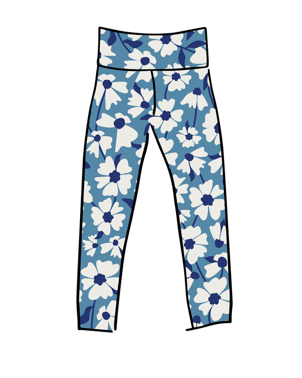 Thunderpants USA Moody Blooms high rise ankle leggings with wintery floral print, flat lay on light background