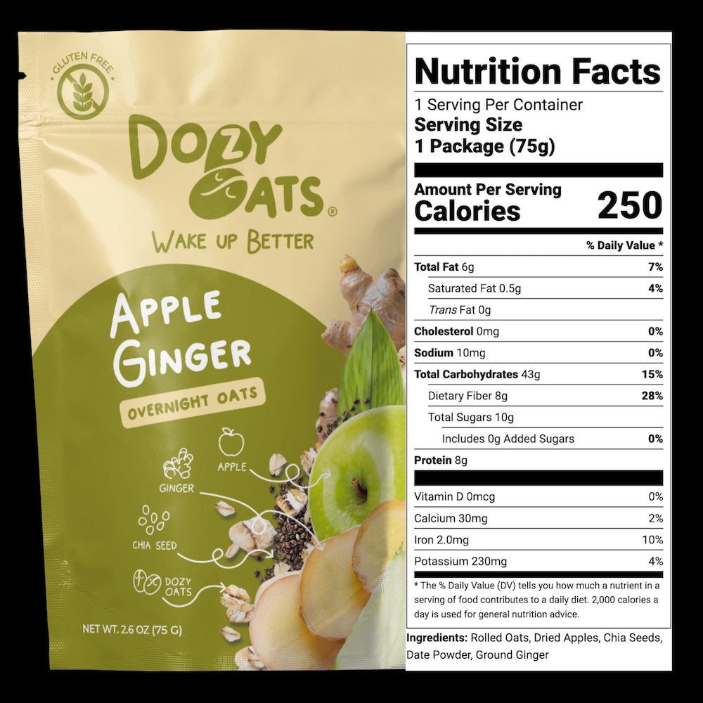 Dozy Oats Apple Ginger Overnight Oats package with nutrition facts label