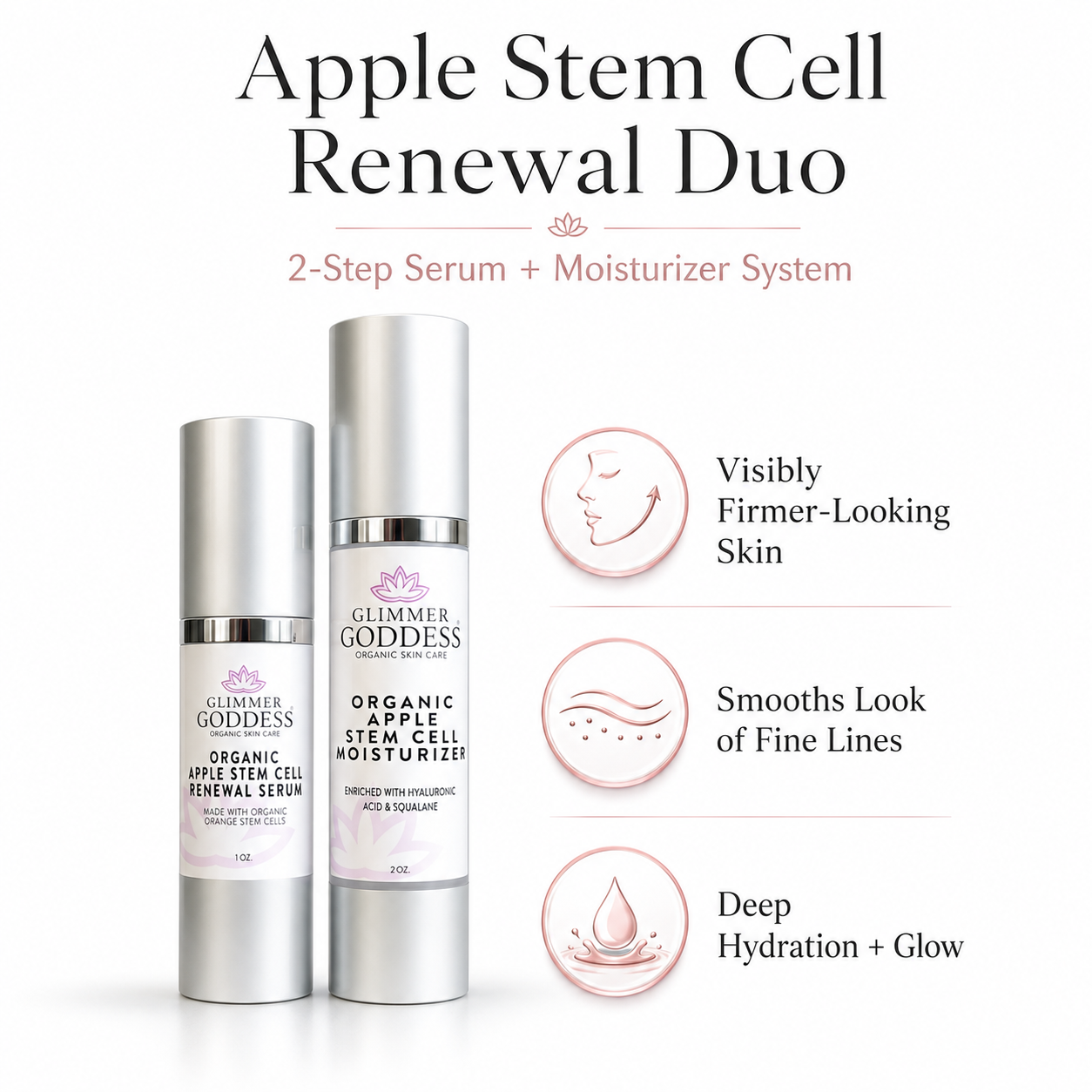 Glimmer Goddess Apple Stem Cell Serum and Moisturizer Duo set on a clean background