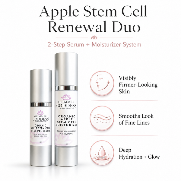 Glimmer Goddess Apple Stem Cell Serum and Moisturizer Duo set on a clean background