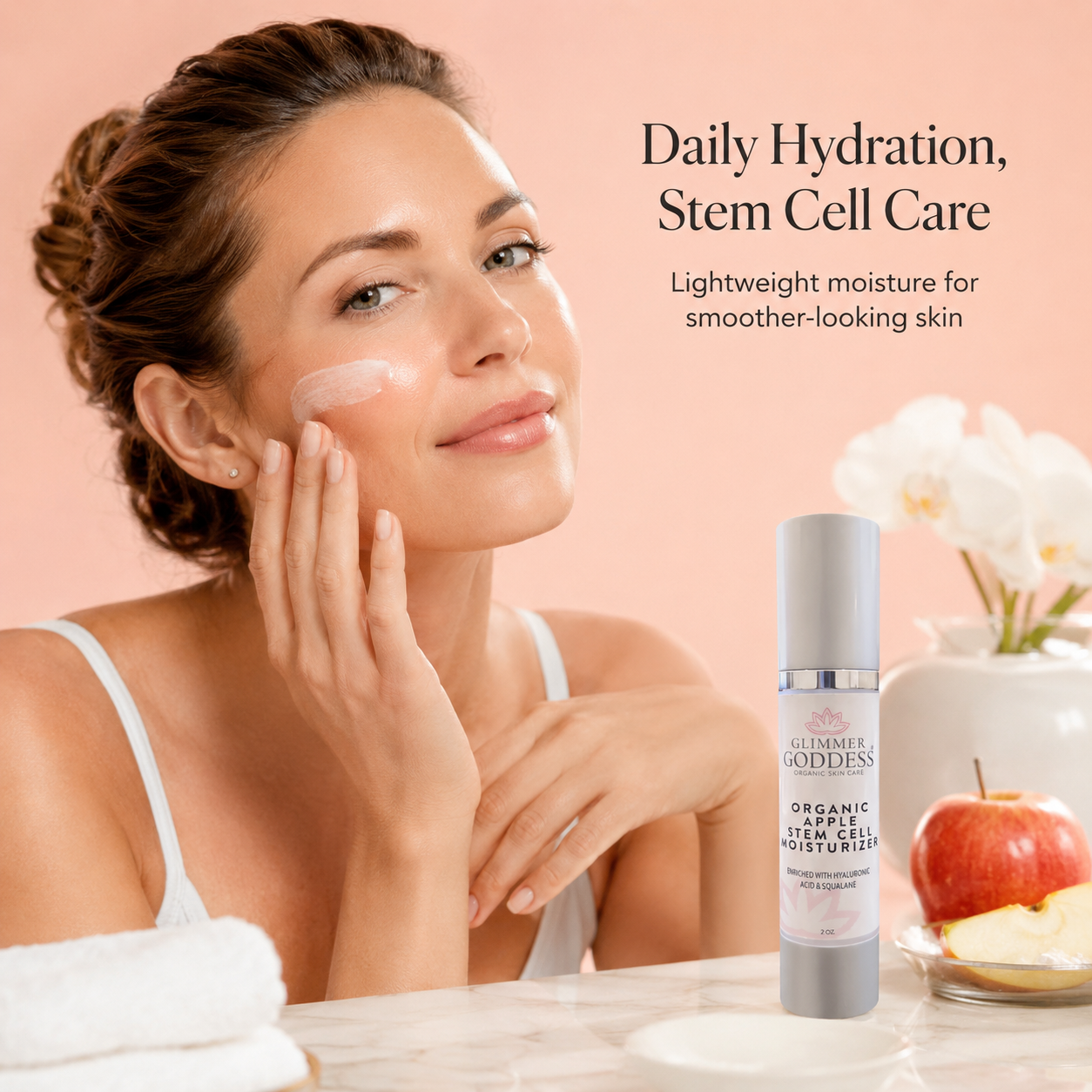 Close-up of organic apple stem cell anti-aging face cream texture showing lightweight consistency