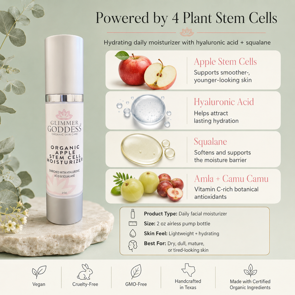 Woman applying organic apple stem cell moisturizer to face as part of anti-aging skincare routine