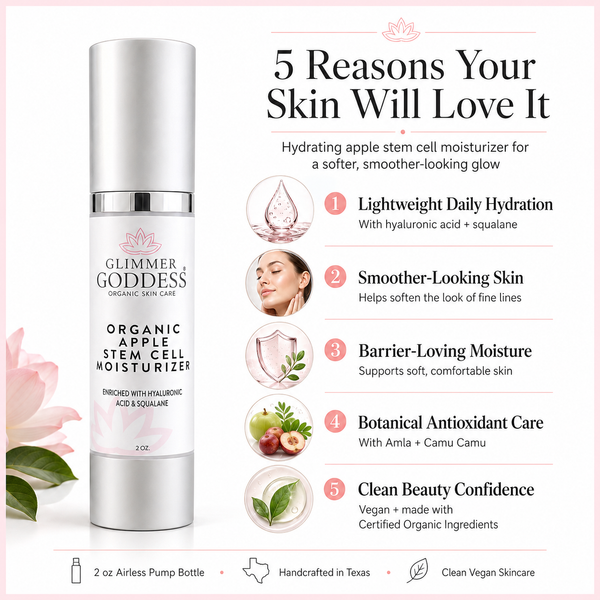 Glimmer Goddess Apple Stem Cell Moisturizer product label showing certified organic and vegan credentials
