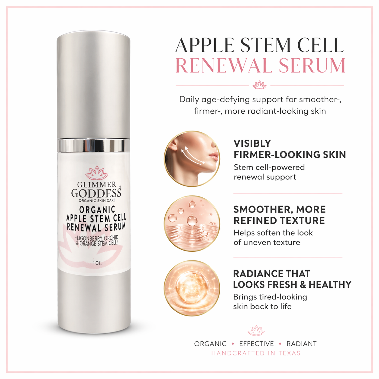 Glimmer Goddess Organic Apple Stem Cell Anti-Aging Serum bottle hero shot on clean background