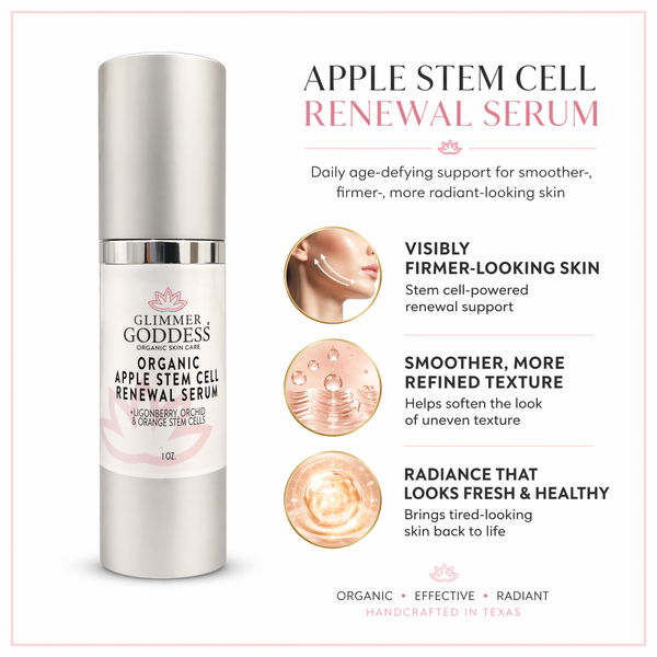 Glimmer Goddess Organic Apple Stem Cell Anti-Aging Serum bottle hero shot on clean background