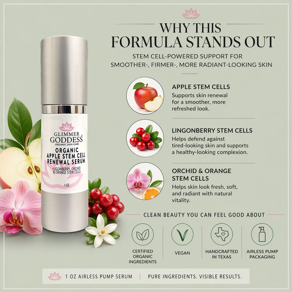 Certified organic ingredients in Glimmer Goddess Apple Stem Cell Serum including hyaluronic acid and plant stem cells