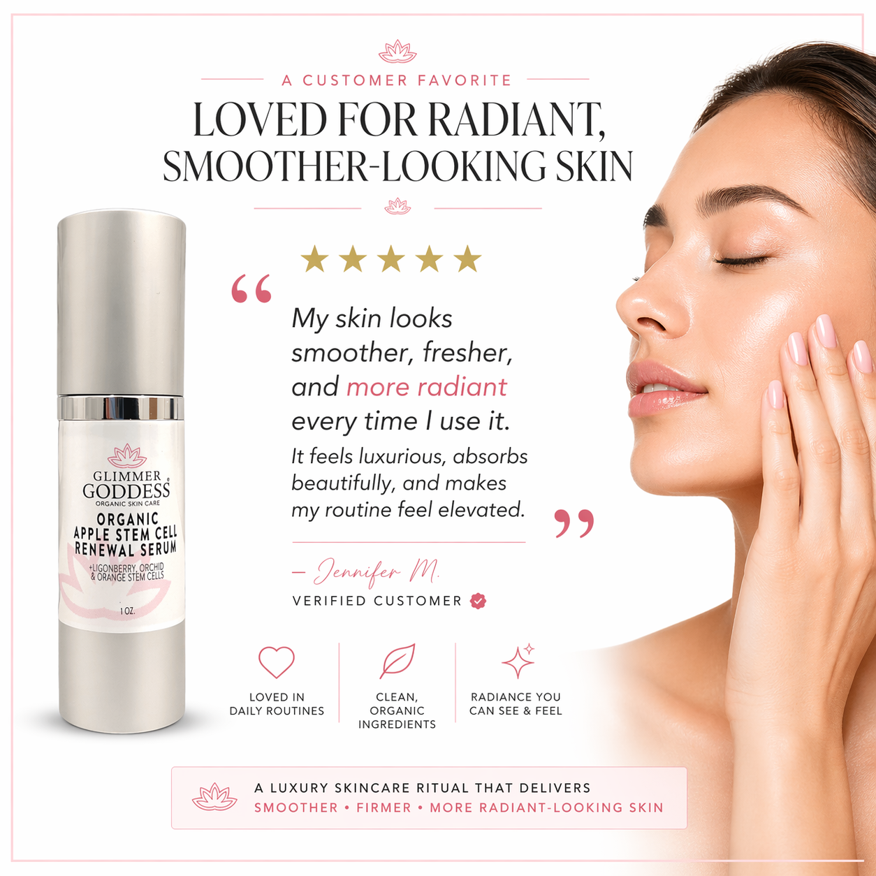 Customer testimonial for Glimmer Goddess Organic Apple Stem Cell Anti-Aging Serum