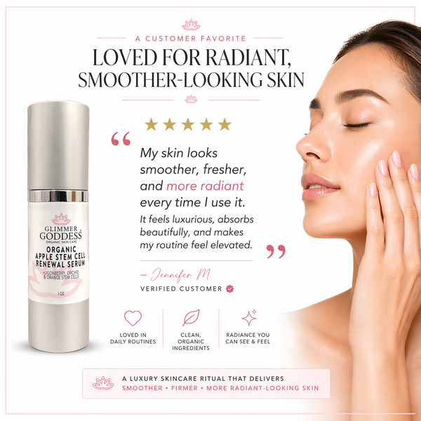 Customer testimonial for Glimmer Goddess Organic Apple Stem Cell Anti-Aging Serum