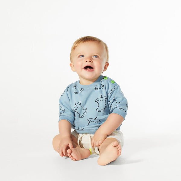 Apples Baby Summer Sweatshirt - Eco-friendly coziness! Upcycled cotton, watercolor prints, genderless comfort. Perfect cover-up, beach days, & cool nights. Sustainable fashion, made in Portugal. Shop now & wrap them in love & green living!