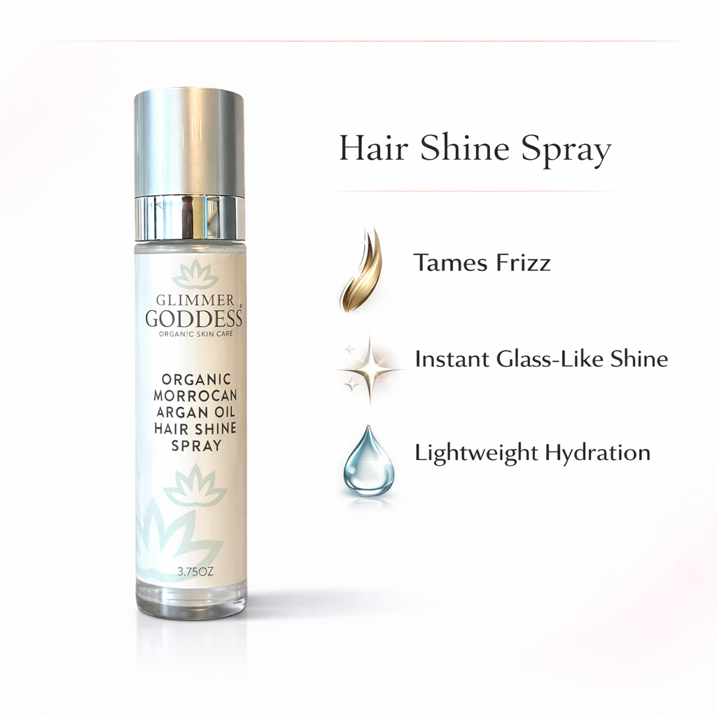Organic argan oil hair shine spray mist shown on styled hair — lightweight frizz control formula