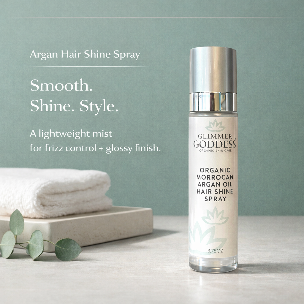 Close-up of Glimmer Goddess hair shine spray showing silicone-free, vegan formula details