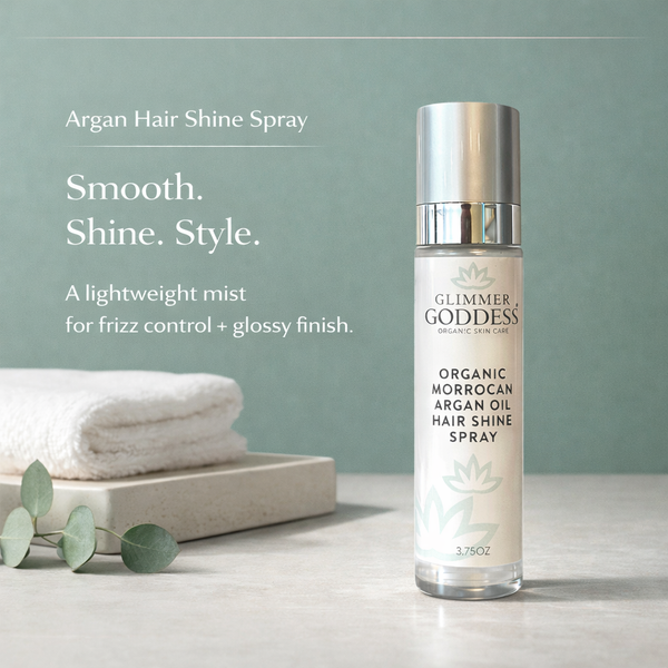 Close-up of Glimmer Goddess hair shine spray showing silicone-free, vegan formula details