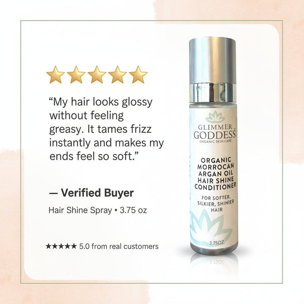 Organic hair shine spray for color-treated and all hair types, handcrafted in Texas by Glimmer Goddess