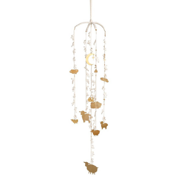 Handcrafted sheep & stars! Ariana Ost Lace Counting Mobile - soothing, whimsical, eco-friendly. Made in USA. Perfect nursery decor for peaceful sleep. Shop now!