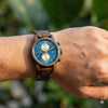 Aries wooden chronograph watch by Joycoast — sustainably sourced African zebrawood case and leather strap