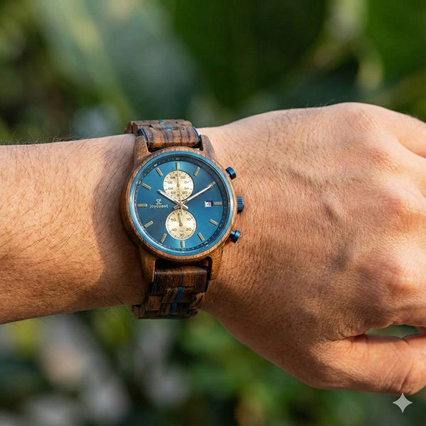 Aries wooden chronograph watch by Joycoast — sustainably sourced African zebrawood case and leather strap