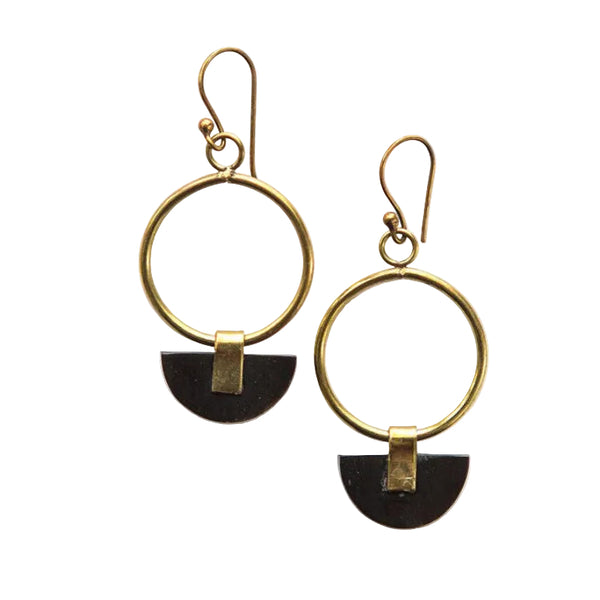 Art Deco half moon drop earrings made from upcycled animal horn and recycled brass by Fair Anita