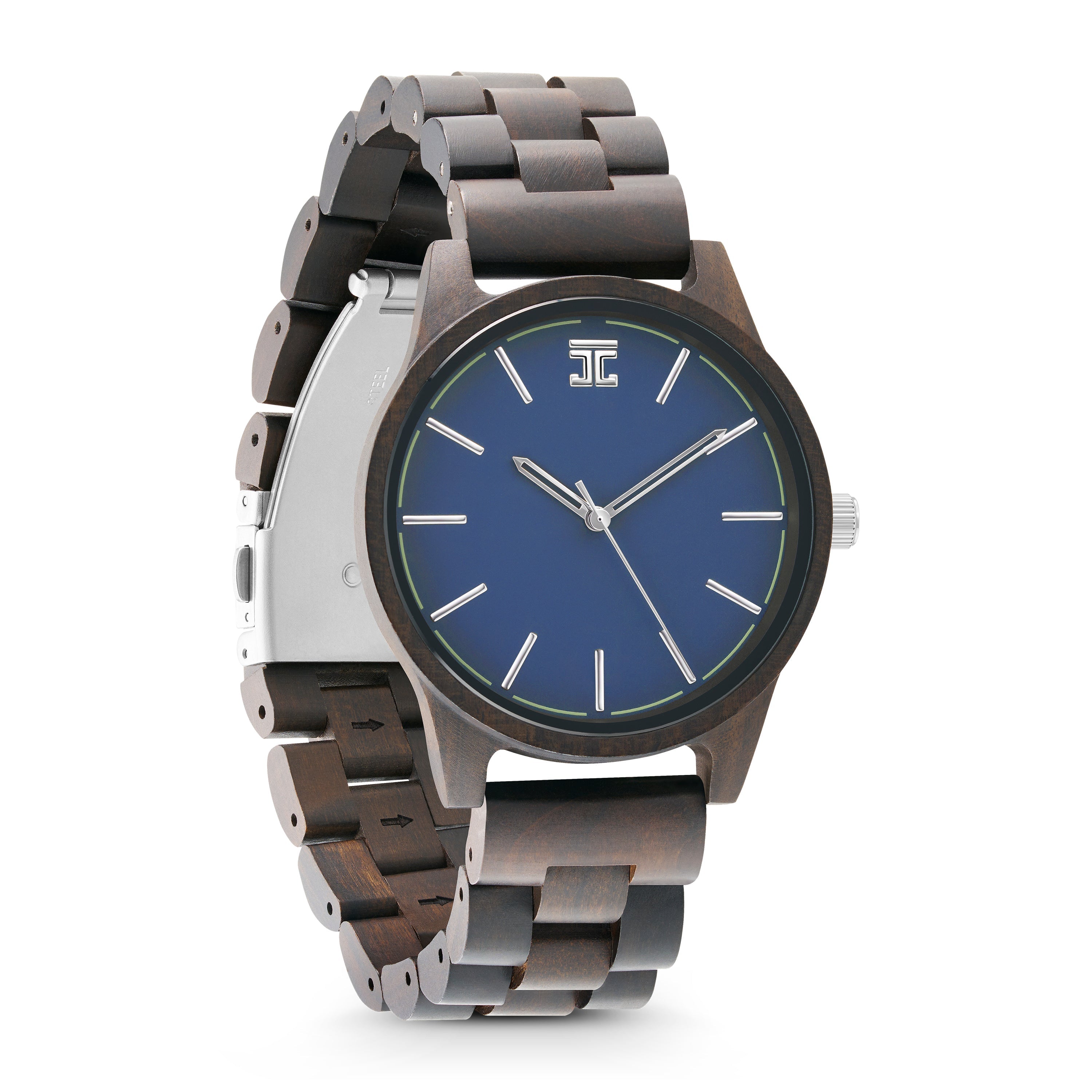 Joycoast Atlantic wooden watch with dark sandalwood band and blue dial face