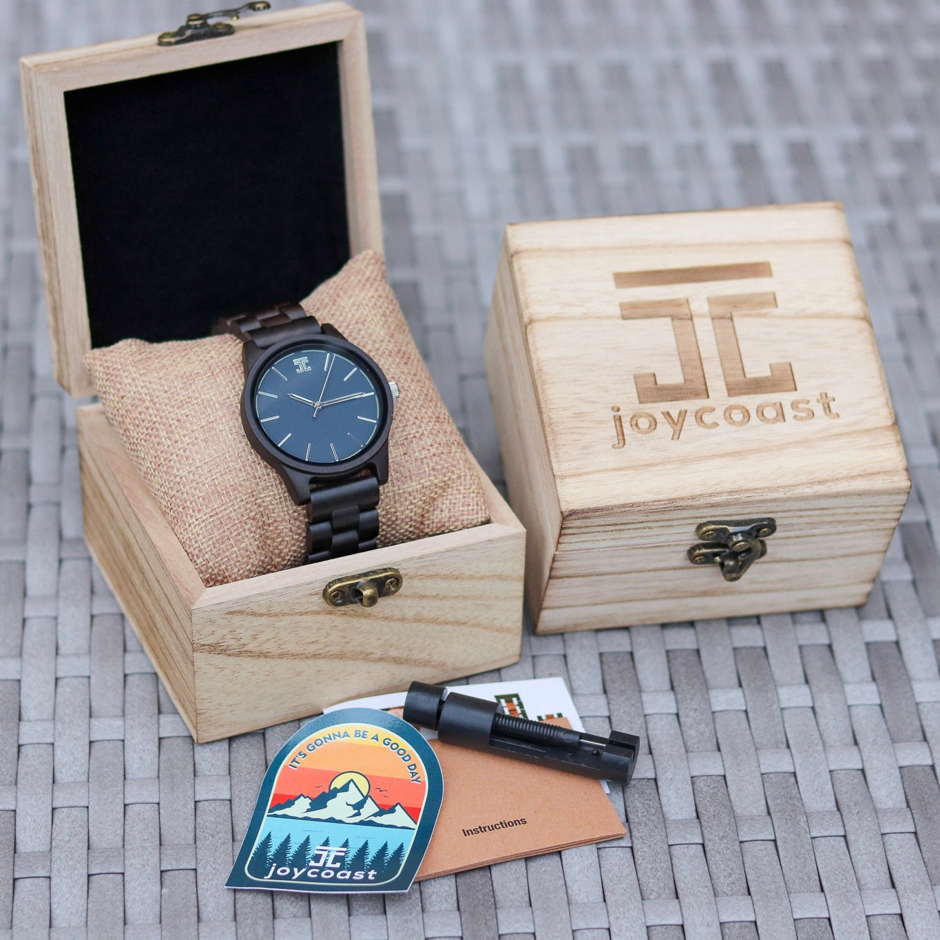 Atlantic Blue Northstar wooden watch by Joycoast — dark wood and blue dial close-up