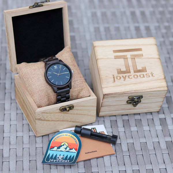 Atlantic Blue Northstar wooden watch by Joycoast — dark wood and blue dial close-up