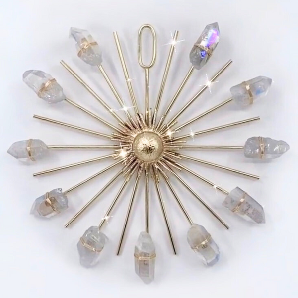 Ariana Ost Sunburst Crystal Grid - manifest joy, abundance, love. Aura quartz point in rose gold, gold, silver. Ethically sourced, handmade. Shop & transform your space!