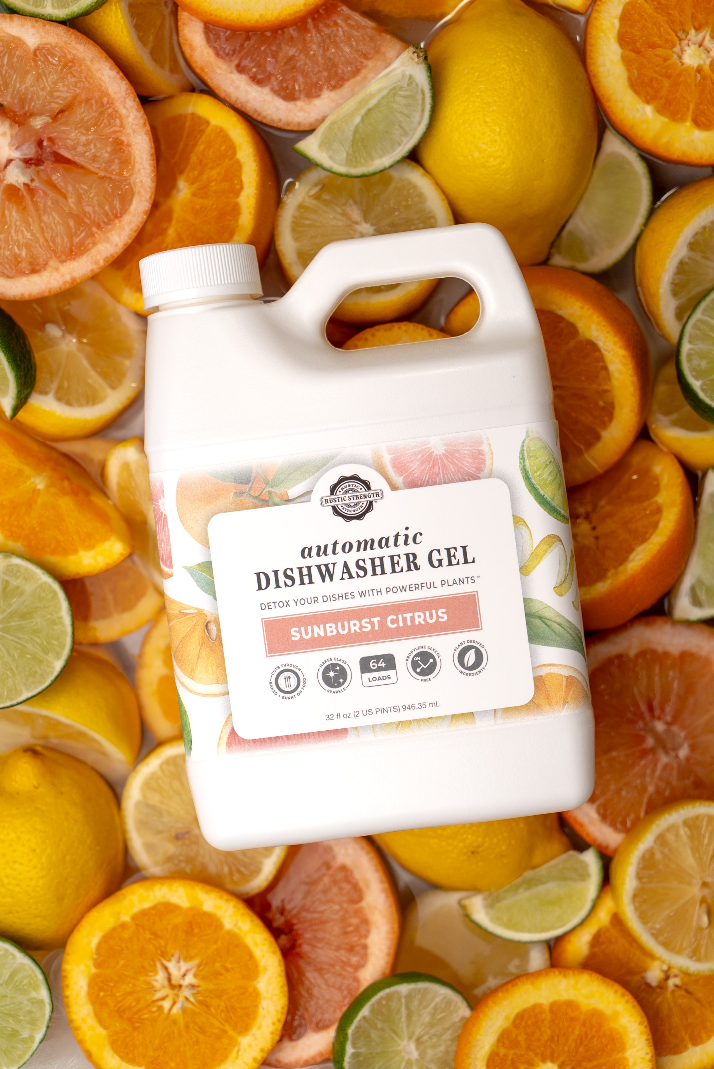 Dishwasher gel container surrounded by citrus fruits on a colorful background