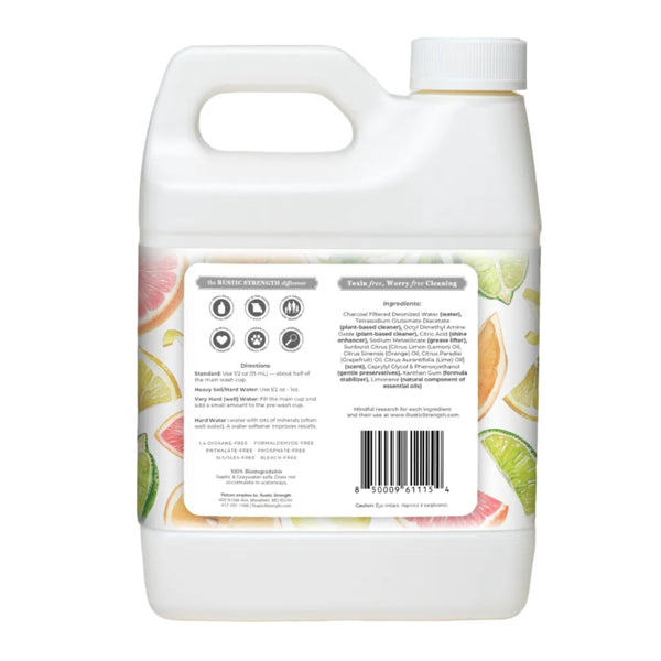 Large container with a label featuring fruit illustrations on a white background