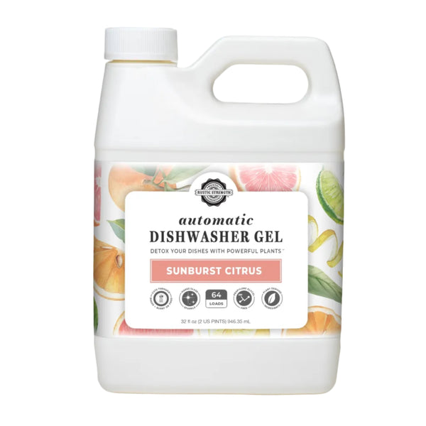 Dishwasher gel container with a colorful label on a white background. Sunburst Citrus Automatic Dishwasher Gel — Non-Toxic Plant-Based Dishwasher Detergent | Endocrine Disruptor-Free, PVA-Free & Made in the USA