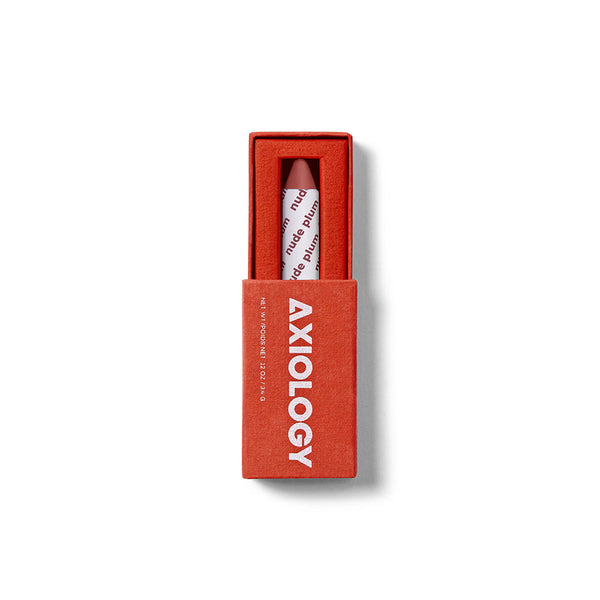 Lip balm in a red box with 'Axiology' branding on a white background