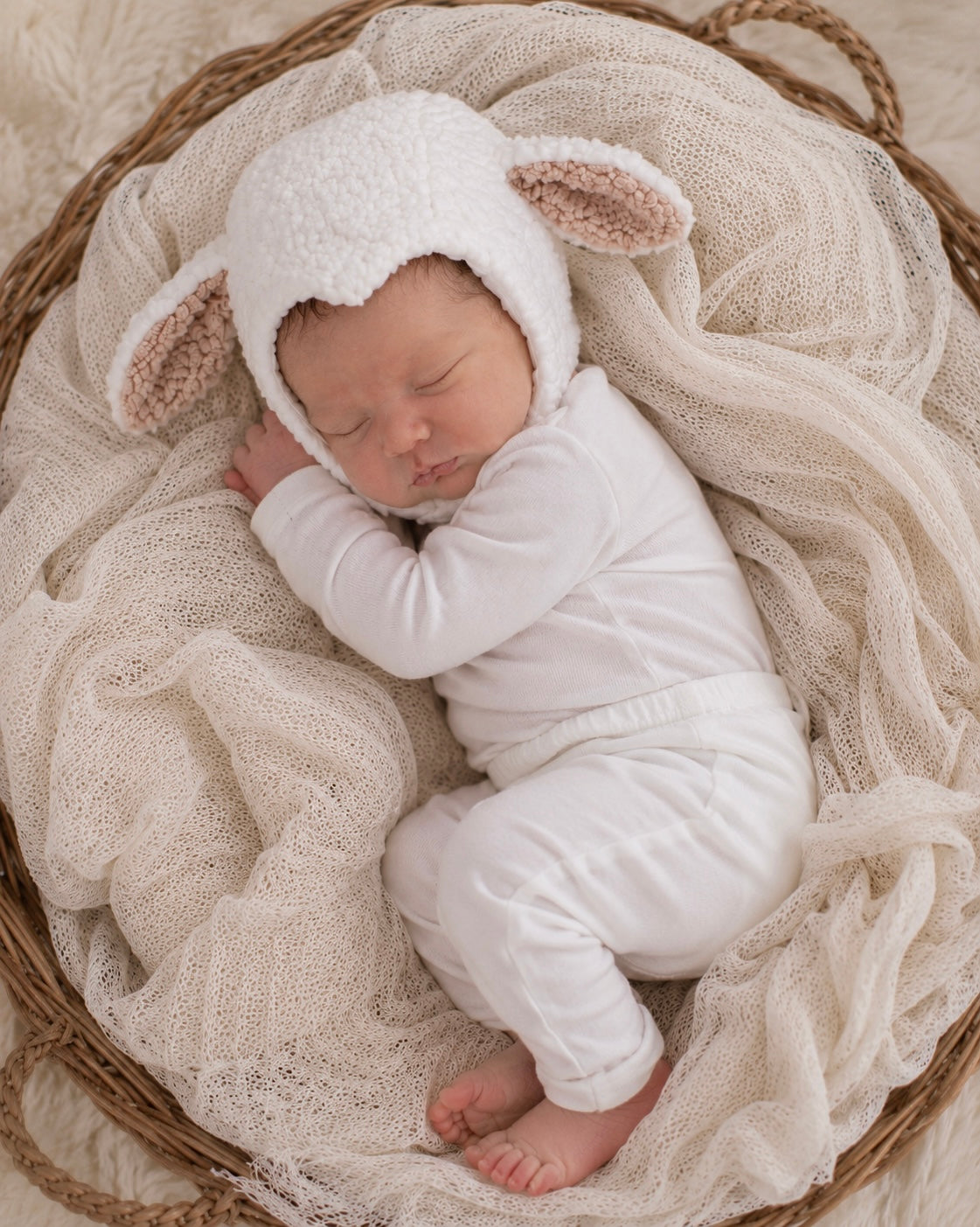 Baby White Sheep Halloween Costume shown as a soft cotton outfit with a sheep hat