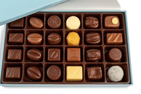 Assorted chocolates in a box on a white background