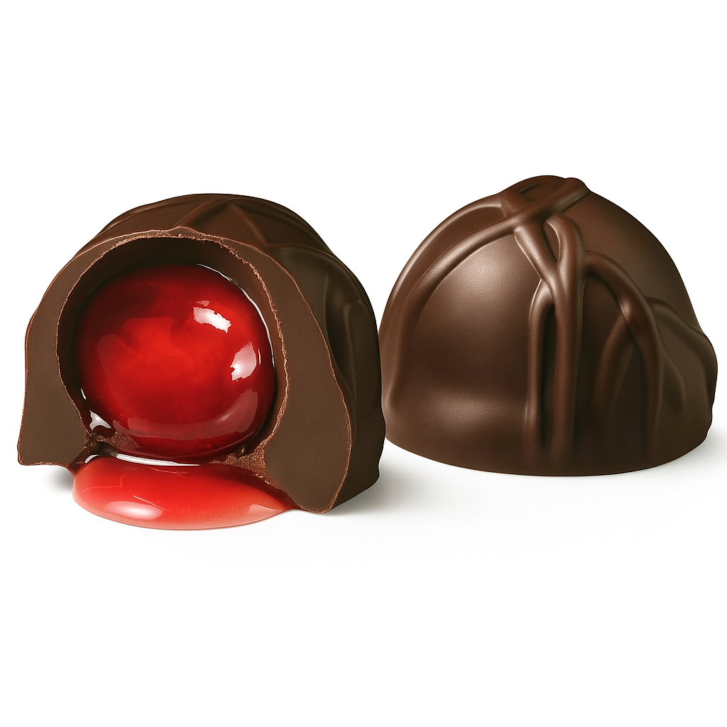 Two chocolate truffles, one with a red center, on a white background