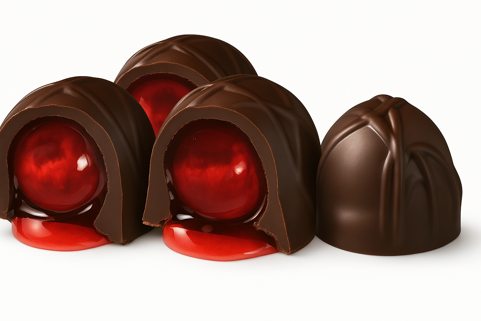 Chocolate truffles with red centers on a white background