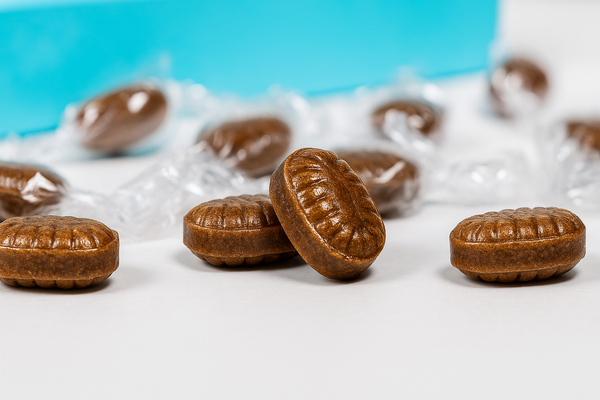 Close-up of Andy Anand European-imported espresso coffee hard candies, sugar-free and diabetic-friendly