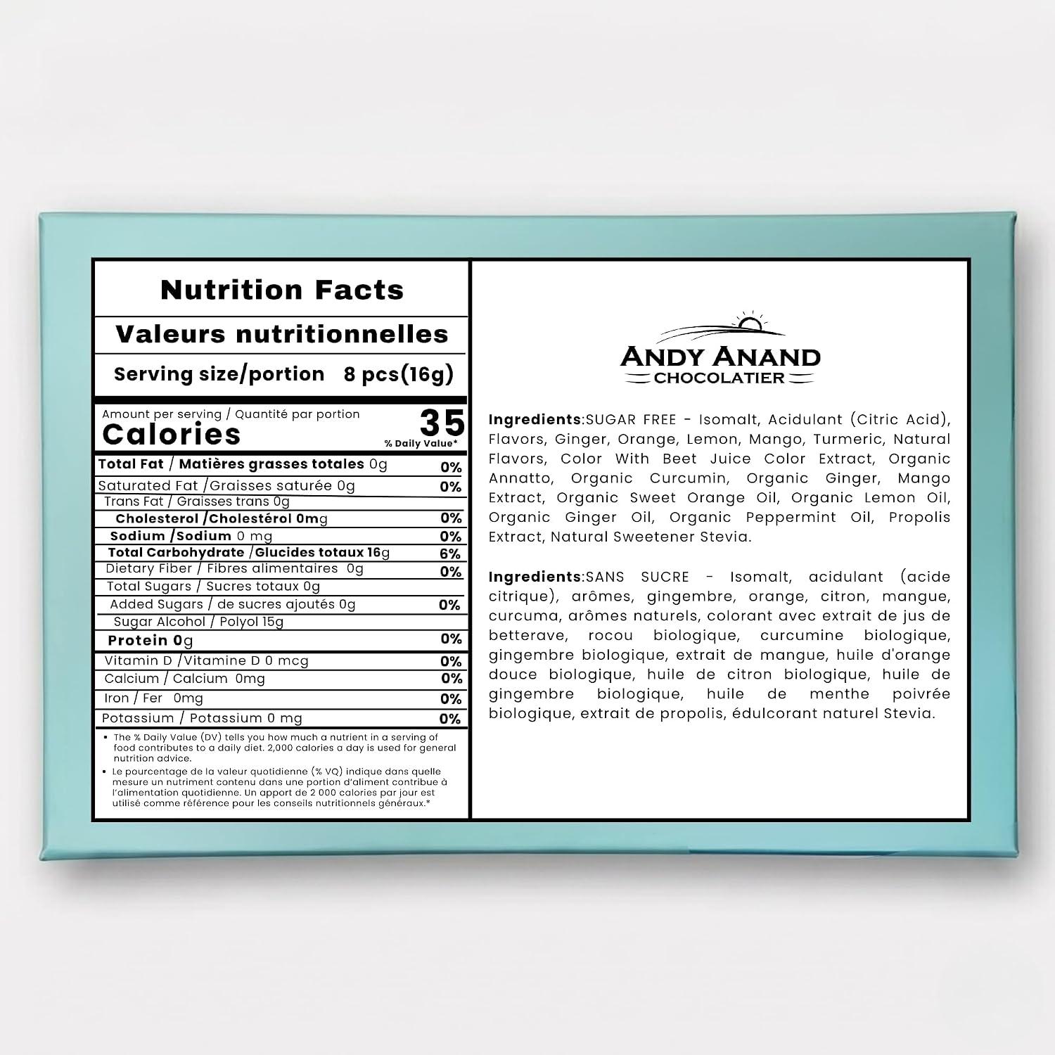 Nutrition facts label and ingredients list for Andy Anand Chocolatier on a light blue background