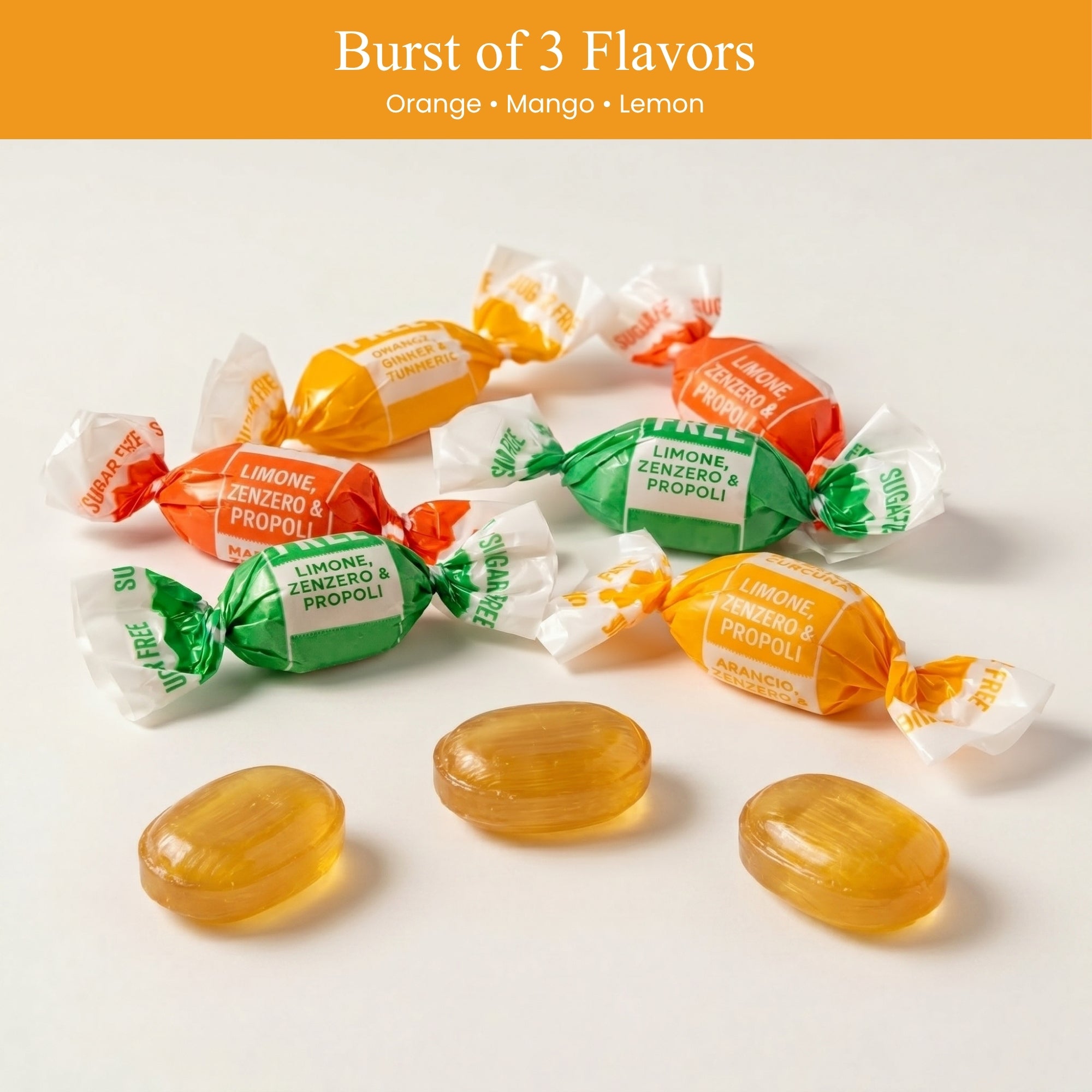 Individually wrapped sugar-free Italian ginger candies in three fruit flavors — Orange, Mango, and Lemon