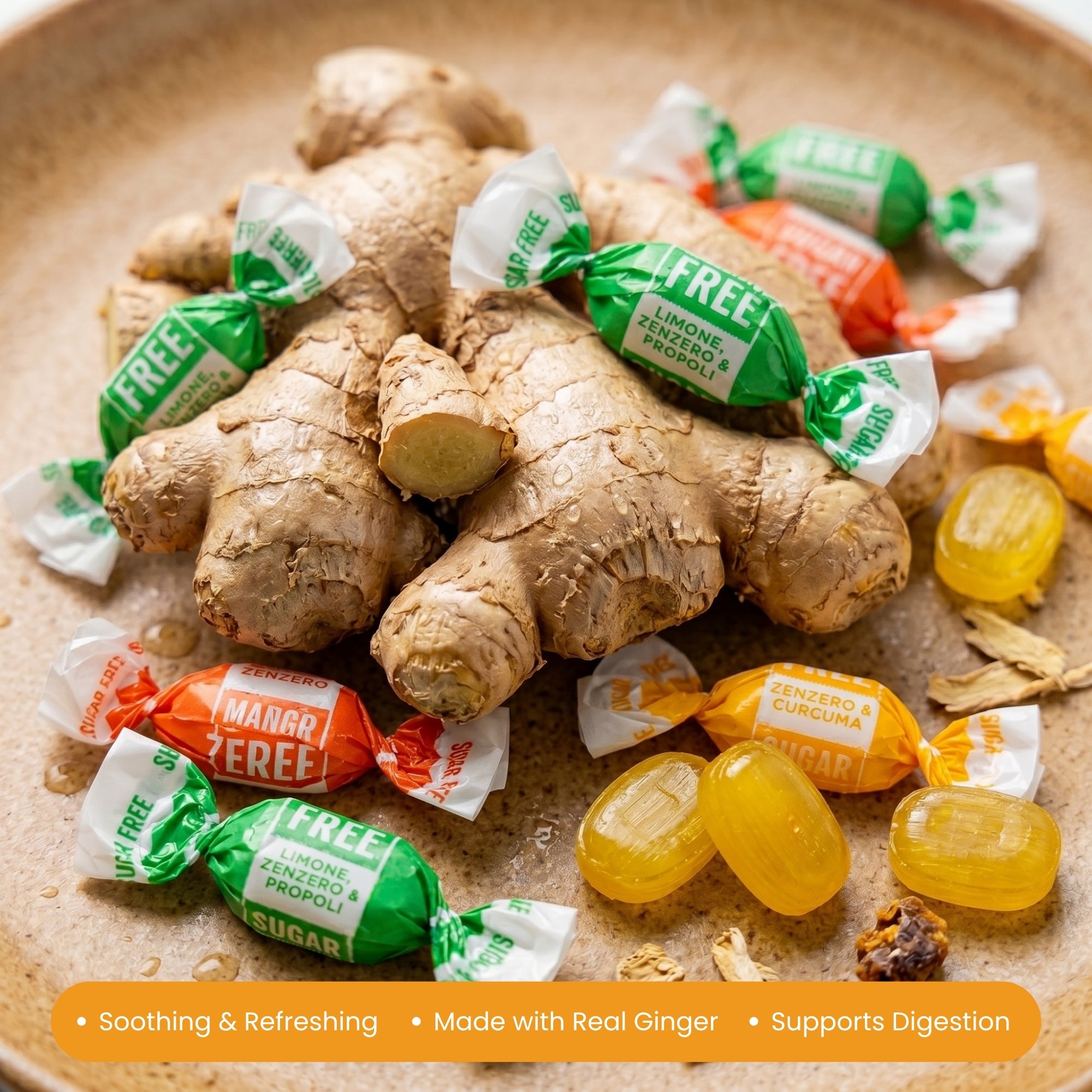 Sugar-free Italian ginger candy pieces in orange, mango and lemon flavors
