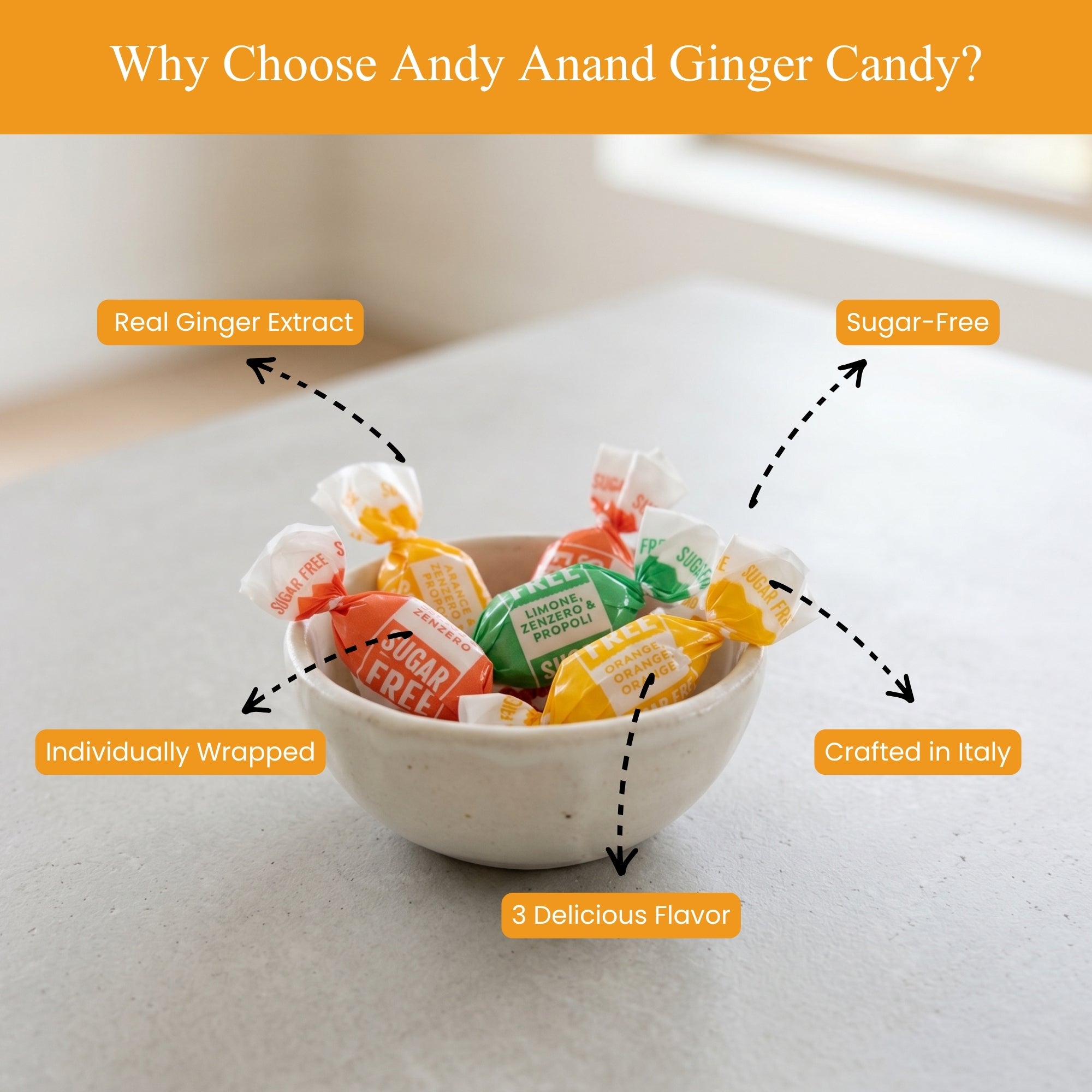 Sugar-Free Ginger Candy – Orange, Mango & Lemon, Made in Italy, 55 pc