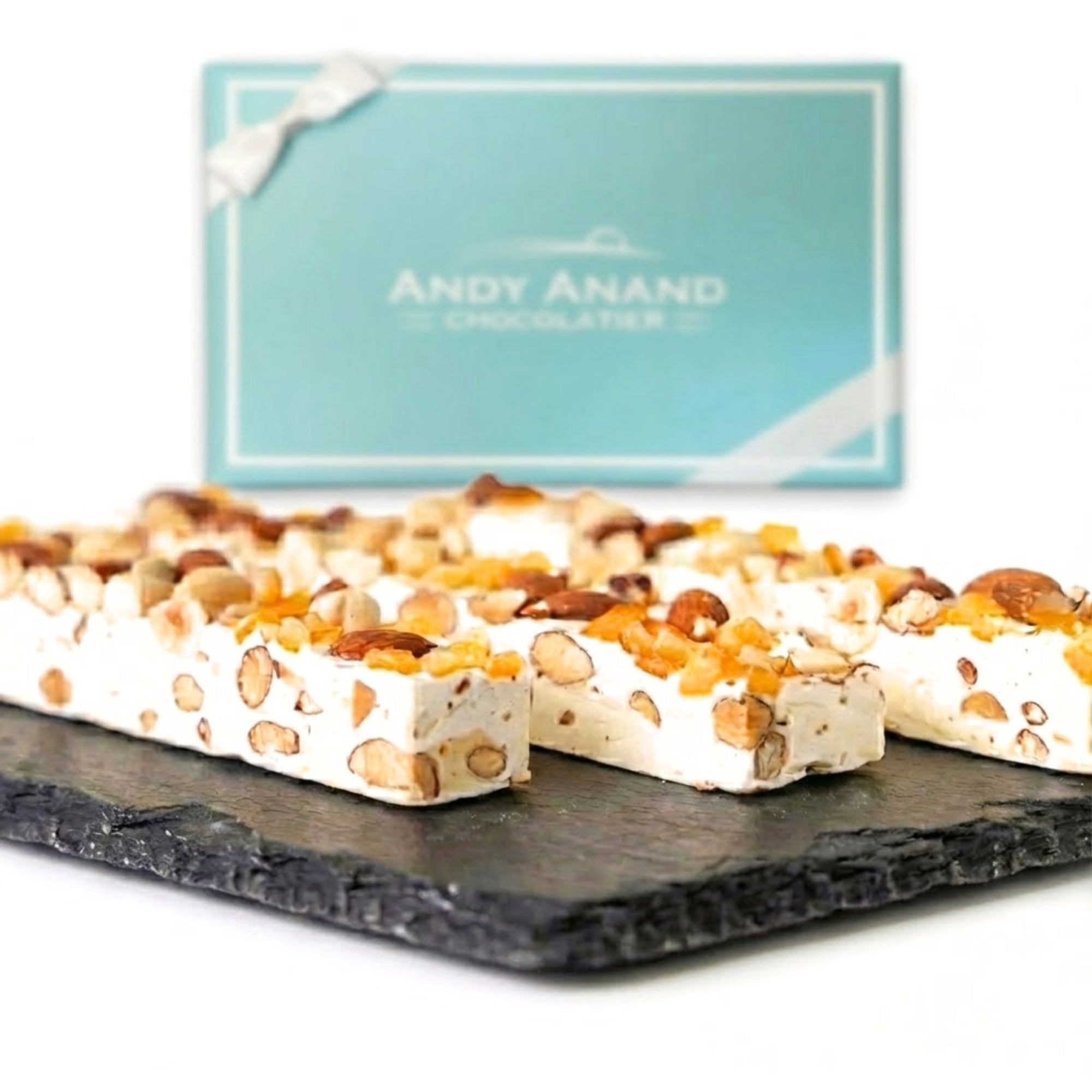 Andy Anand Orange Peel Soft Turron Nougat 7 oz gift box with candied orange peel and wildflower honey