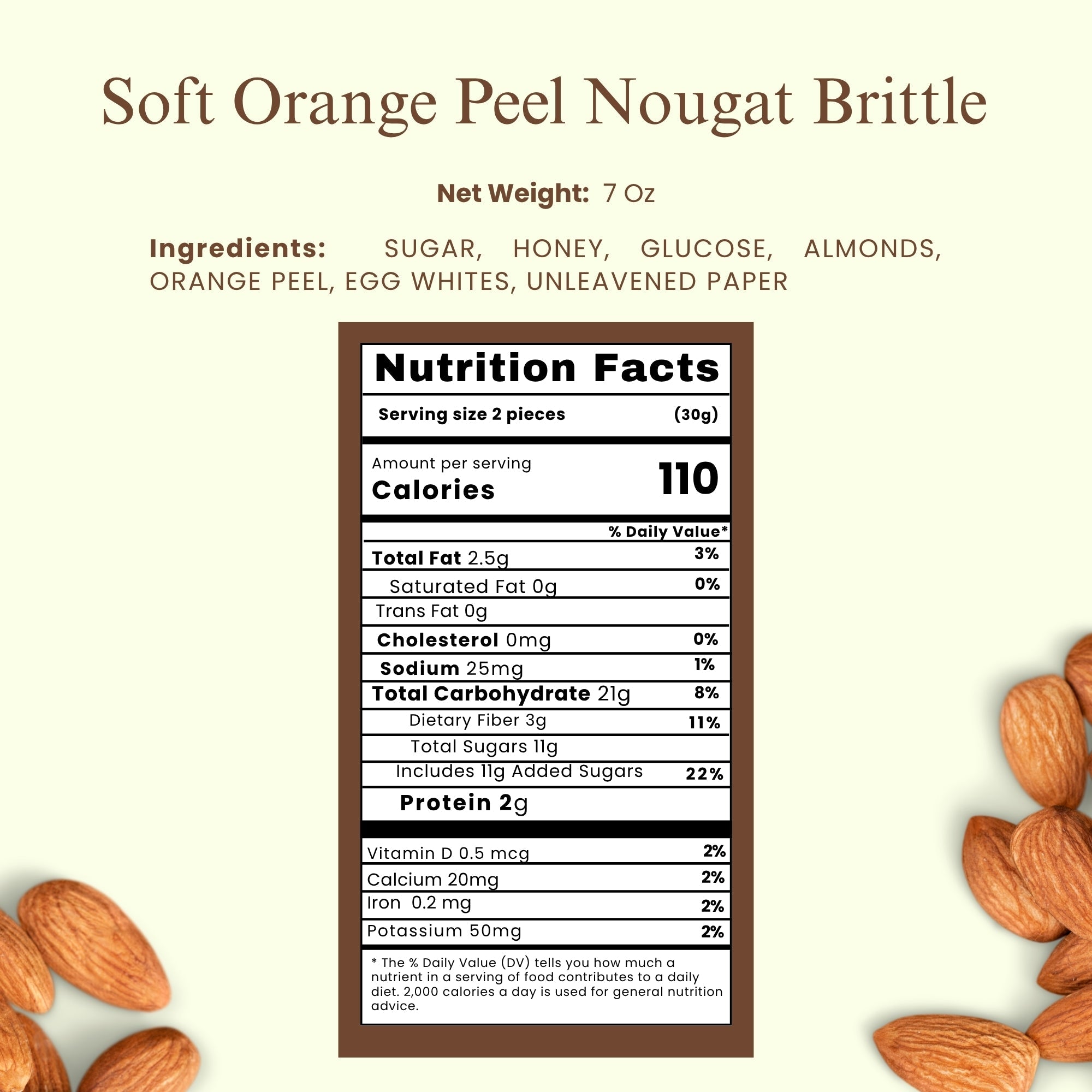 Nutrition facts label for Soft Orange Peel Nougat Brittle with ingredients listed.