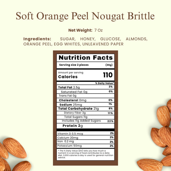 Nutrition facts label for Soft Orange Peel Nougat Brittle with ingredients listed.