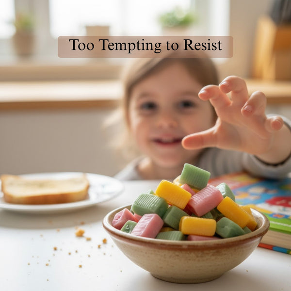 Individually wrapped sugar-free fruit taffy toffees in three flavors – strawberry, orange and lemon close-up