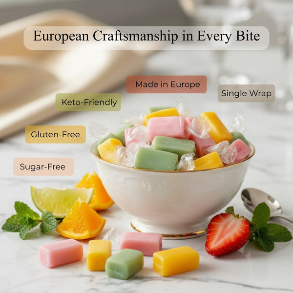 Sugar-free strawberry, orange and lemon taffy toffees from Andy Anand – European-style chewy candy, 35 pieces