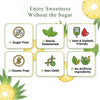 Product features highlighting sugar-free, stevia-sweetened, keto-friendly, gluten-free, non-GMO, and no artificial ingredients with pineapple slices.